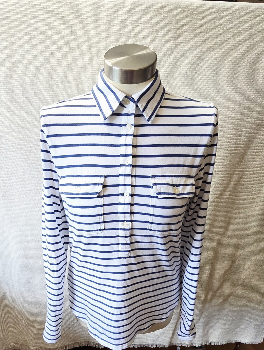 CHAPS Womens Blue & White Horizontal Stripes Collard Shirt Womens